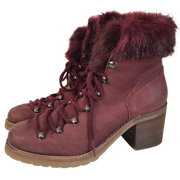 Steve Madden Huck Burgundy Faux Fur Combat Lug Lace Up Ankle Boots Size 8 Med